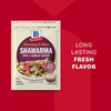A packet of Mccormick Regular Sauce And Seasoning Mix Envelope 1.37 Oz for Shawarma is displayed next to a prepared pita and the words LONG LASTING FRESH FLAVOR.