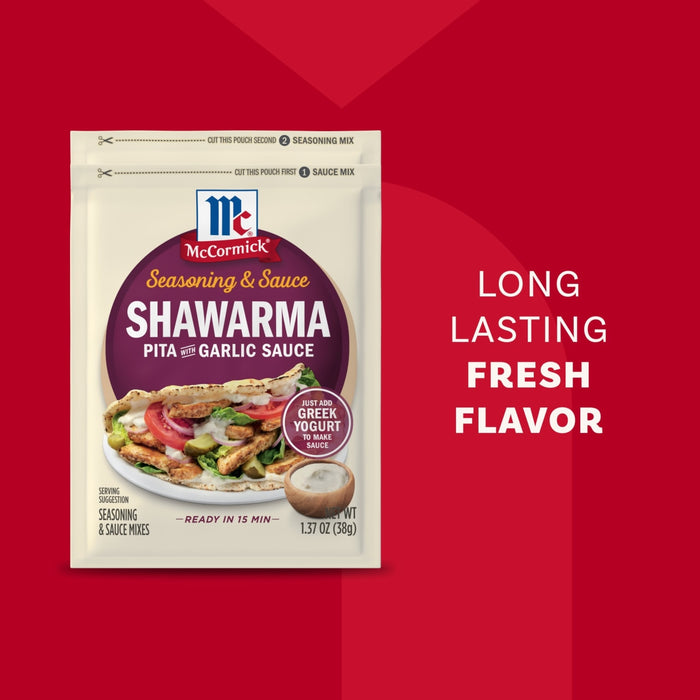 A packet of Mccormick Regular Sauce And Seasoning Mix Envelope 1.37 Oz for Shawarma is displayed next to a prepared pita and the words LONG LASTING FRESH FLAVOR.