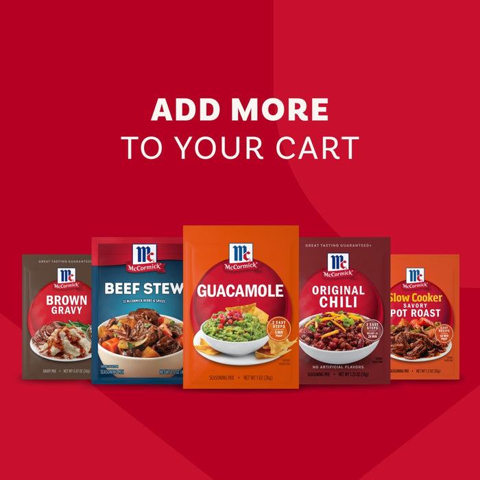 An advertisement encourages shoppers to add more to their cart, showcasing a variety of McCormick seasoning mixes, including the Mccormick Regular Seasoning Mix 1 Oz, fanned out against a red background.