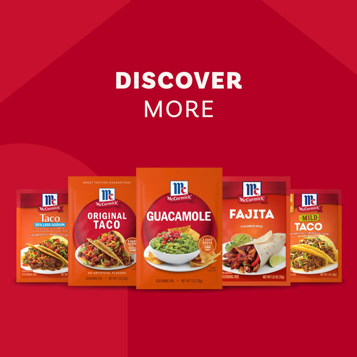 An advertisement for McCormick shows a variety of seasoning packets, including Taco, Guacamole, Fajita, and the Mccormick Regular Seasoning Mix 1 Oz, under the text DISCOVER MORE.