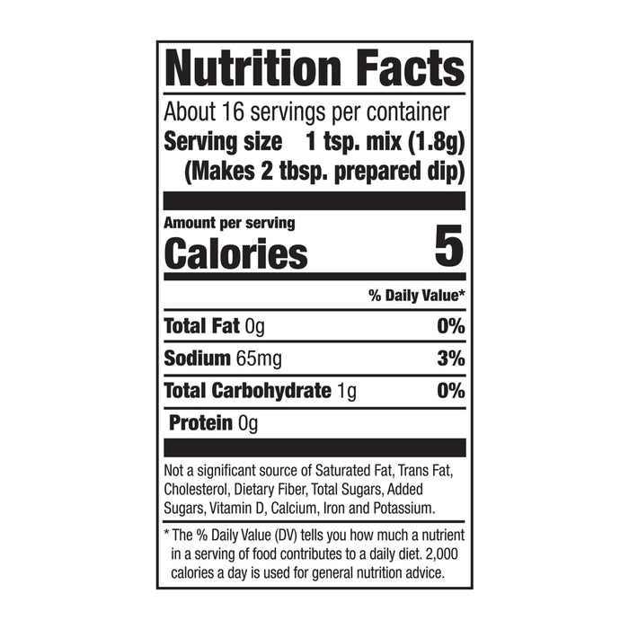 The nutrition facts label for Mccormick Regular Seasoning Mix 1 Oz, indicating that one serving of 1 teaspoon of mix contains 5 calories, 65 milligrams of sodium, and 1 gram of total carbohydrates.