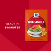 A packet of Mccormick Regular Seasoning Mix 1 Oz for guacamole is shown against a red background with text that reads, Ready in 5 minutes.