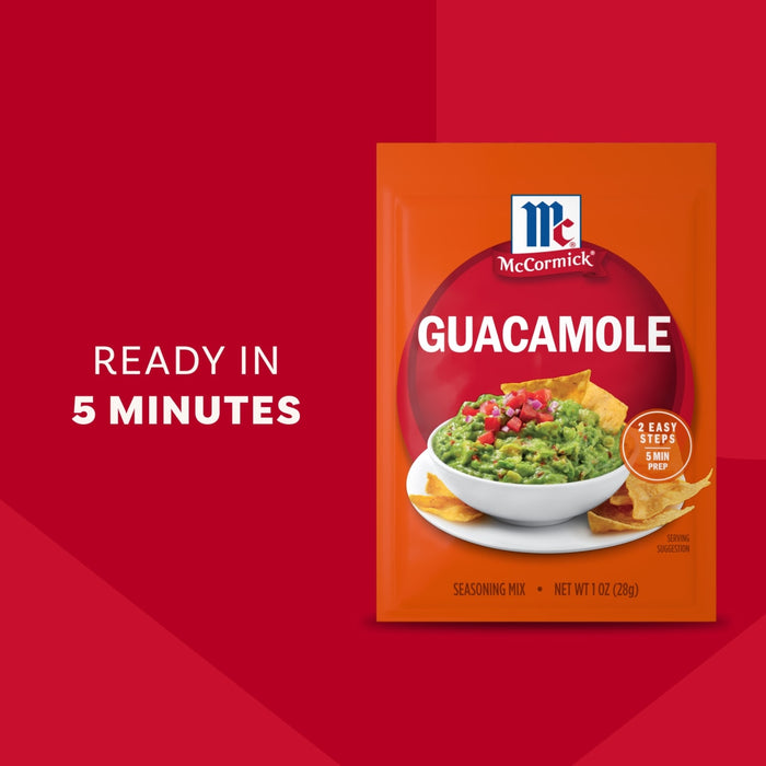 A packet of Mccormick Regular Seasoning Mix 1 Oz for guacamole is shown against a red background with text that reads, Ready in 5 minutes.