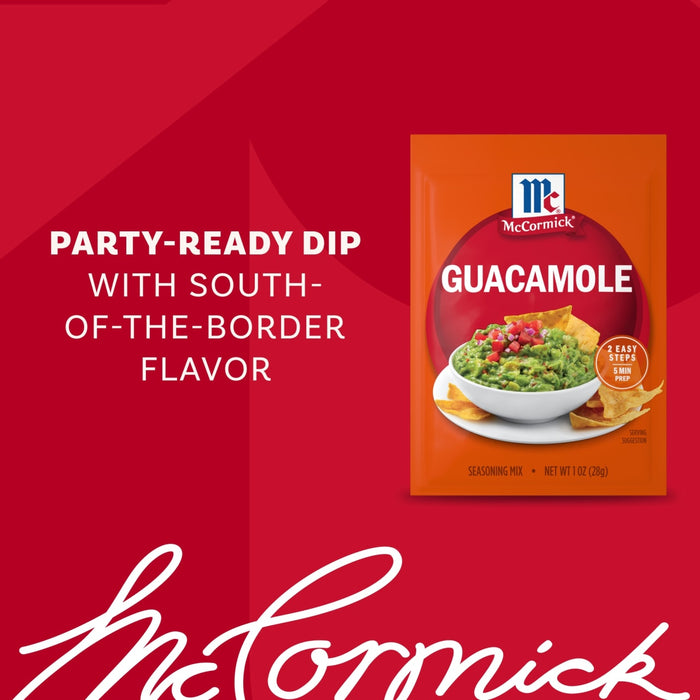 A packet of Mccormick Regular Seasoning Mix 1 Oz for guacamole is displayed next to a bowl of the finished dip, set against a red background with the text Party-Ready Dip.