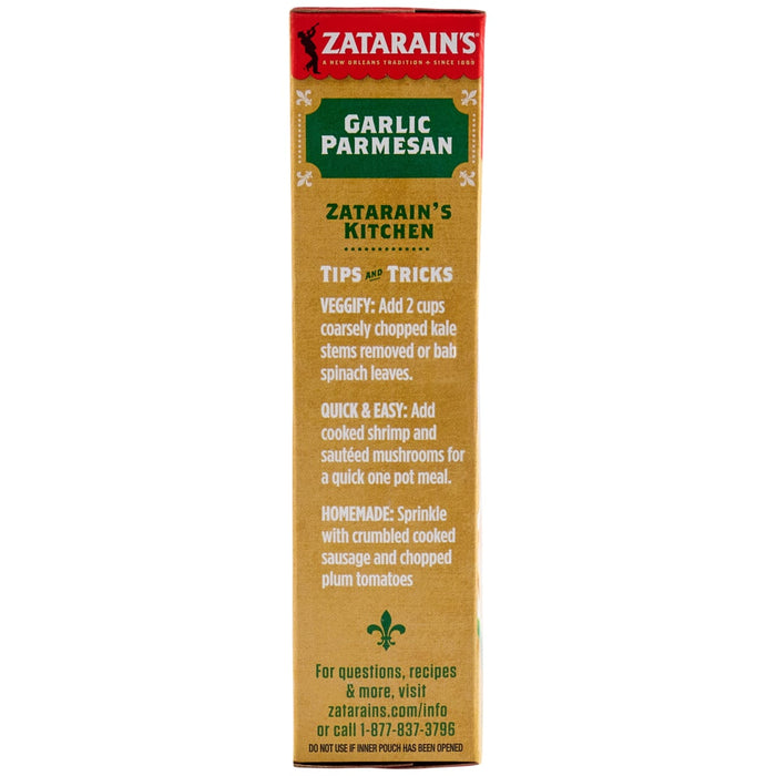 A side view of a Zatarain'S, 6.9 Oz box of Garlic Parmesan rice mix, featuring cooking tips and tricks on its brown and green label.