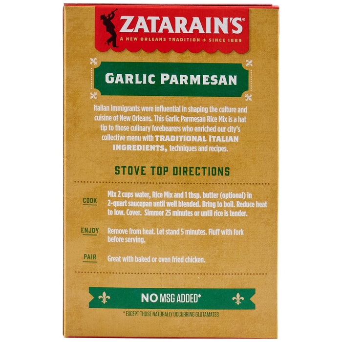A box of Zatarain's Garlic Parmesan Rice Mix is shown.