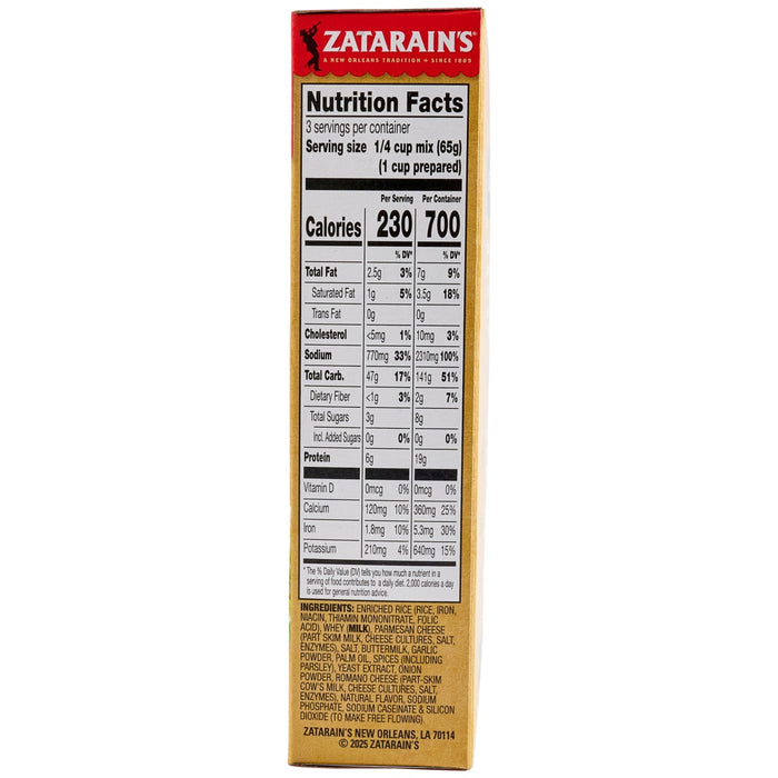 Nutrition facts label for Zatarain's rice mix, showing 230 calories per serving and 3 servings per container.