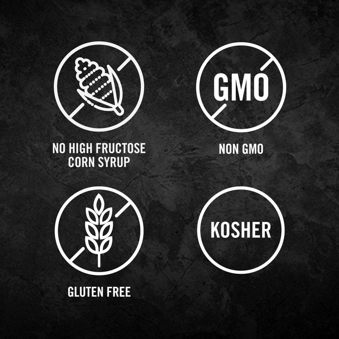 The image displays icons indicating the product is free of high fructose corn syrup, non-GMO, gluten-free, and Kosher.