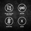 Four white icons on a black background with text below each icon: no high fructose corn syrup non GMO gluten free kosher.