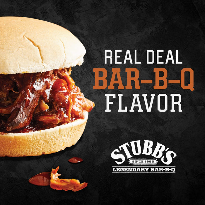 A sandwich with pulled pork and barbecue sauce on a white bun with the words Real Deal Bar-B-Q Flavor and the Stubb\s logo.