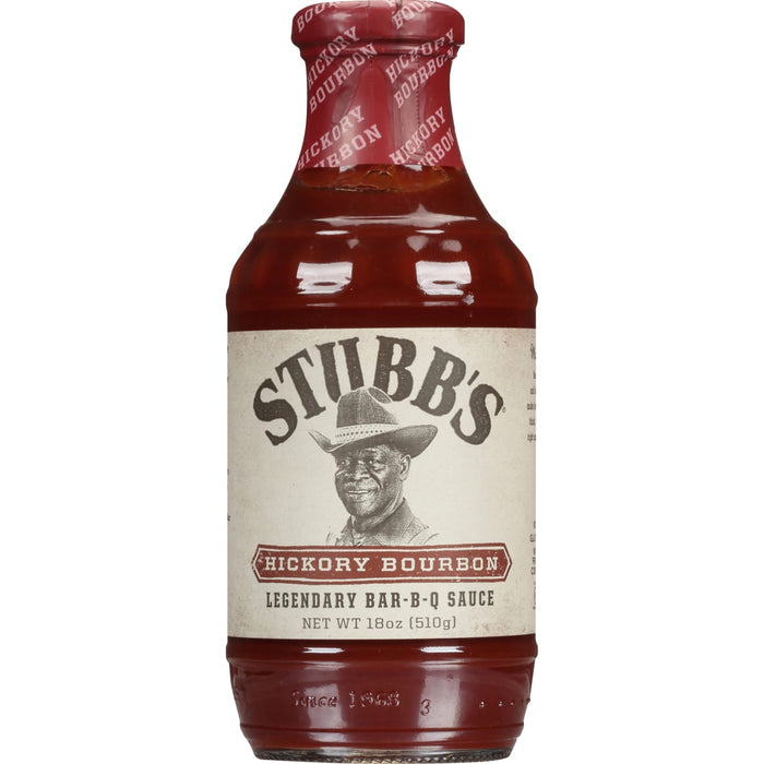 A bottle of Stubb's Hickory Bourbon Legendary Bar-B-Q Sauce.