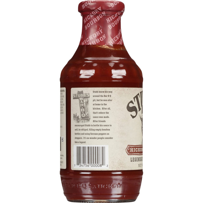 A bottle of Stubb's Hickory Bourbon BBQ Sauce.
