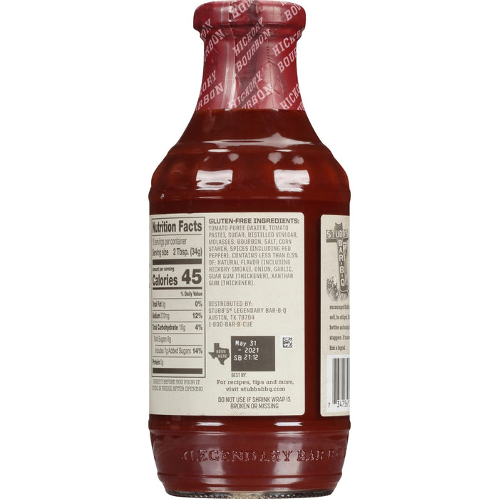 A bottle of Stubbs Legendary Bar-B-Q Sauce with a label that includes nutrition facts and ingredients.