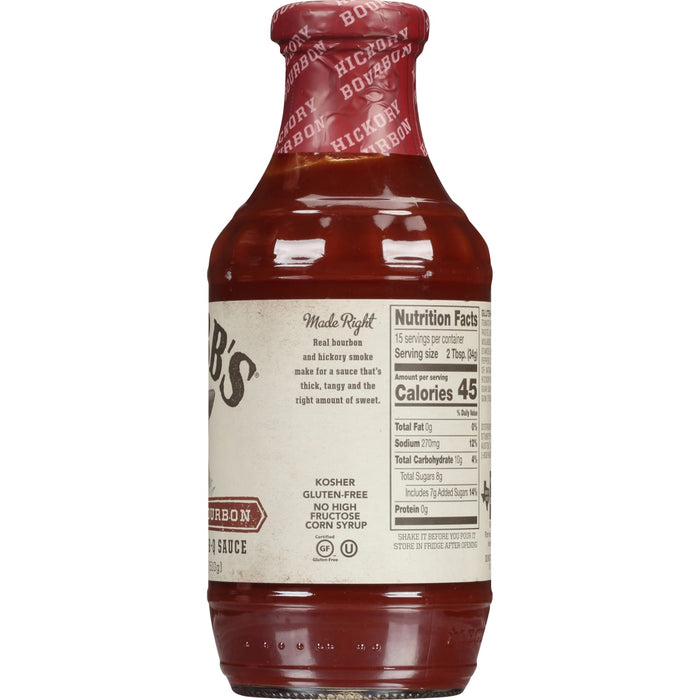 A bottle of Stubbs BBQ Sauce with a label that says Made Right, Kosher, Gluten-Free, No High Fructose Corn Syrup, and a nutrition facts label.