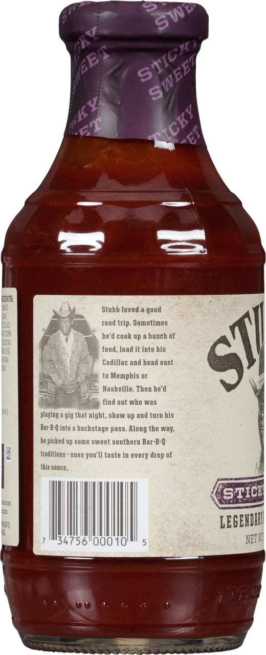 A bottle of Stubb's Legendary Bar-B-Q Sauce with a description of Stubb's love for road trips and his passion for barbecue.