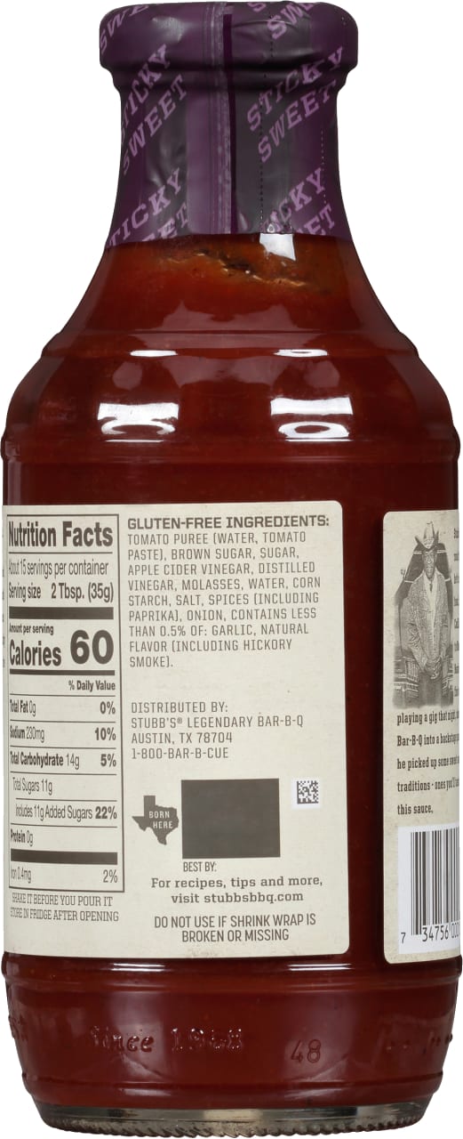 A bottle of Stubb's Legendary Bar-B-Q Sauce with nutrition facts and ingredients listed on the label.