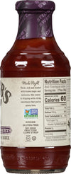 A bottle of Stubbs BBQ Sauce with a nutrition label and a non-GMO verified logo.