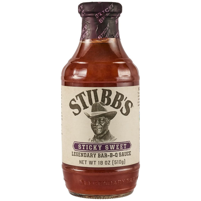 A Stubbs Sweet Barbeque Sauce Glass Bottle 18 Oz featuring the Sticky Sweet flavor profile and the iconic portrait of C.B. Stubblefield on the label.