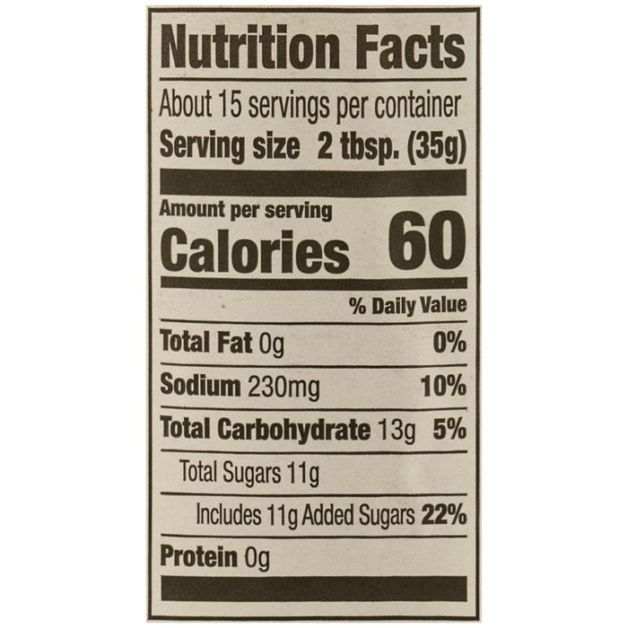 A nutrition facts label for Stubbs Sweet Barbeque Sauce Glass Bottle 18 Oz showing 60 calories and 11 grams of added sugars per serving.