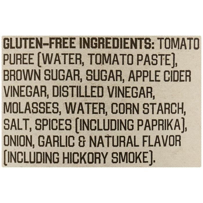 A close up of the gluten free ingredients list for Stubbs Sweet Barbeque Sauce Glass Bottle 18 Oz which includes tomato puree, brown sugar, and apple cider vinegar.