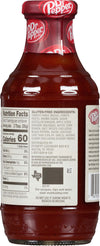 A bottle of Dr Pepper Bar-B-Q Sauce with nutrition facts and ingredients listed on the label.