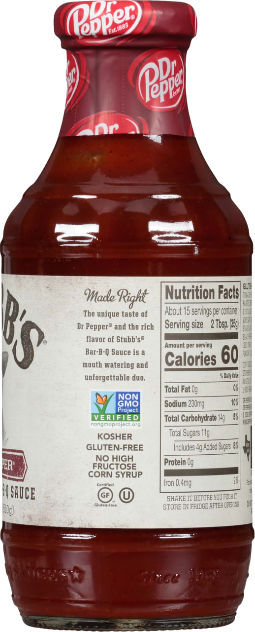 A bottle of Dr Pepper BBQ sauce with a nutrition facts label.