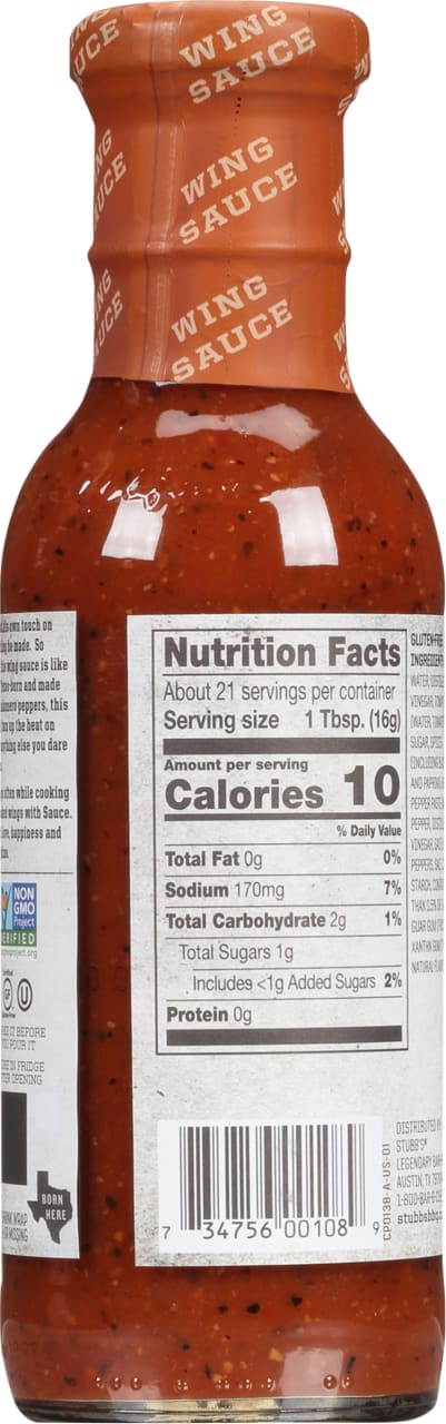 A bottle of Stubb's Legendary Bar-B-Que Wing Sauce with nutrition facts label.