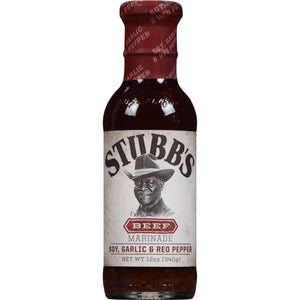 A bottle of Stubbs Beef Marinade with soy, garlic and red pepper.