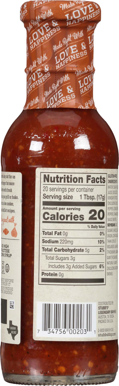 A bottle of Stubbs Legendary Bar-B-Q sauce with nutrition facts and ingredients listed on the label.