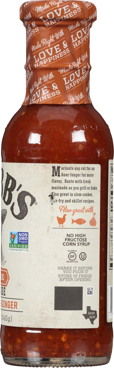A bottle of  B's  Ginger marinade with a label that says 'Made Right With Love &amp; Happiness.'