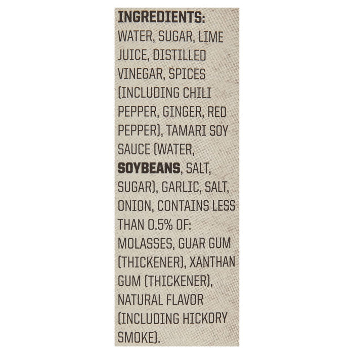 A list of ingredients for a product, including water, sugar, lime juice, distilled vinegar, spices, and more.