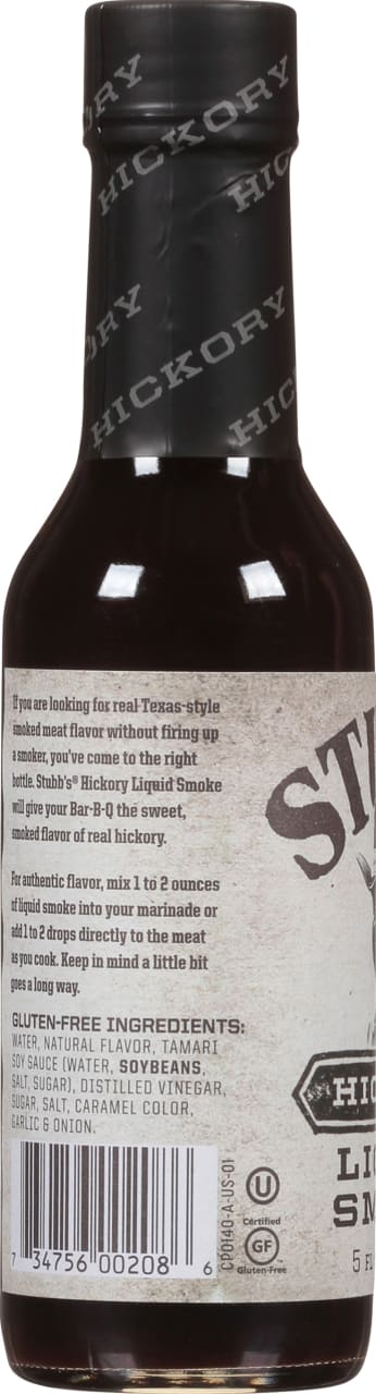 A bottle of Stubb's Hickory Liquid Smoke, a gluten-free product.