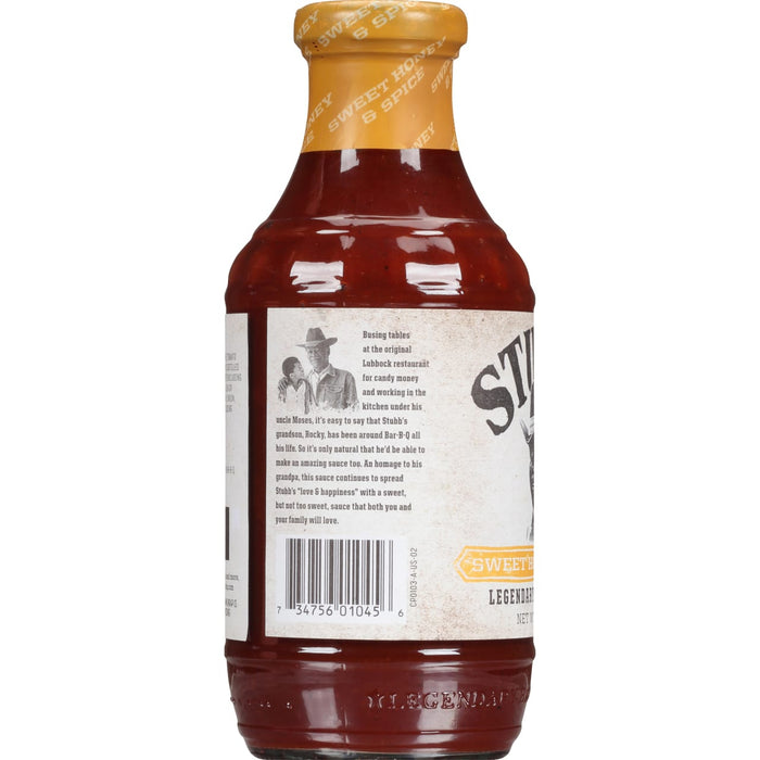 A bottle of Stubb's Sweet Honey &amp; Spice BBQ Sauce.