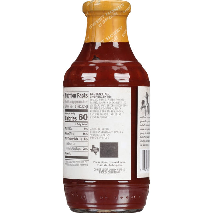 A bottle of Stubb's Sweet Honey &amp; Spice BBQ Sauce.