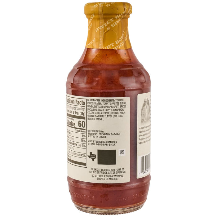 A back view of a Stubbs Sweet Honey &amp; Spice Barbeque Sauce Glass Bottle 18 Oz showing the nutrition facts and gluten free ingredients list.