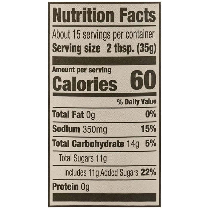 A nutrition facts label for Stubbs Sweet Honey and Spice Barbeque Sauce Glass Bottle 18 Oz showing 60 calories and 11 grams of added sugars per serving.