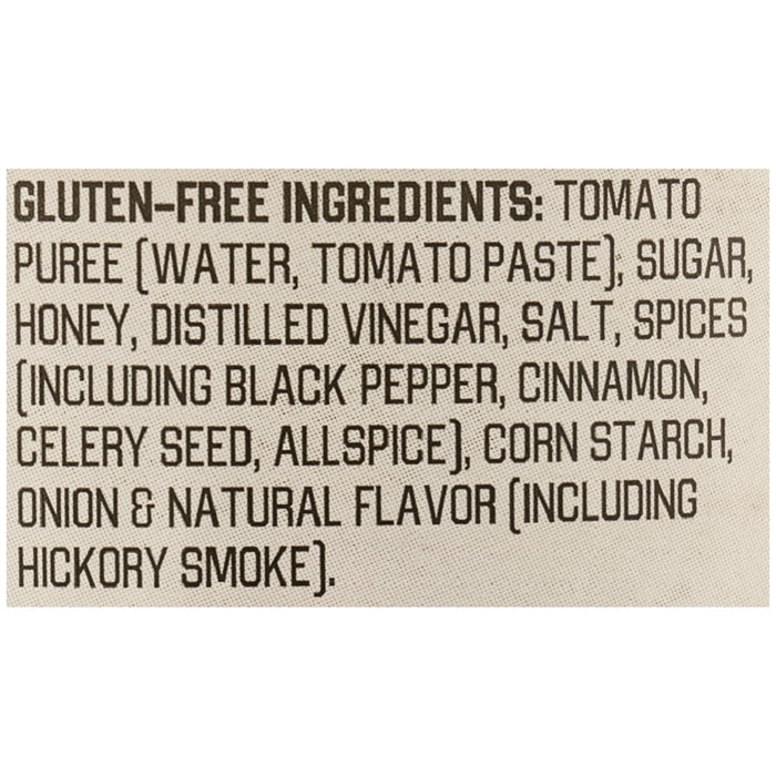 The ingredient list for Stubbs Sweet Honey &amp; Spice Barbeque Sauce Glass Bottle 18 Oz highlights gluten-free components including tomato puree, sugar, honey, distilled vinegar, and a blend of spices like black pepper and cinnamon.
