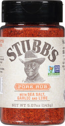 A jar of Stubbs Pork Rub with Sea Salt, Garlic and Lime seasoning.