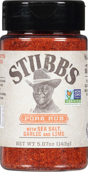 A jar of Stubbs Pork Rub with Sea Salt, Garlic and Lime seasoning.