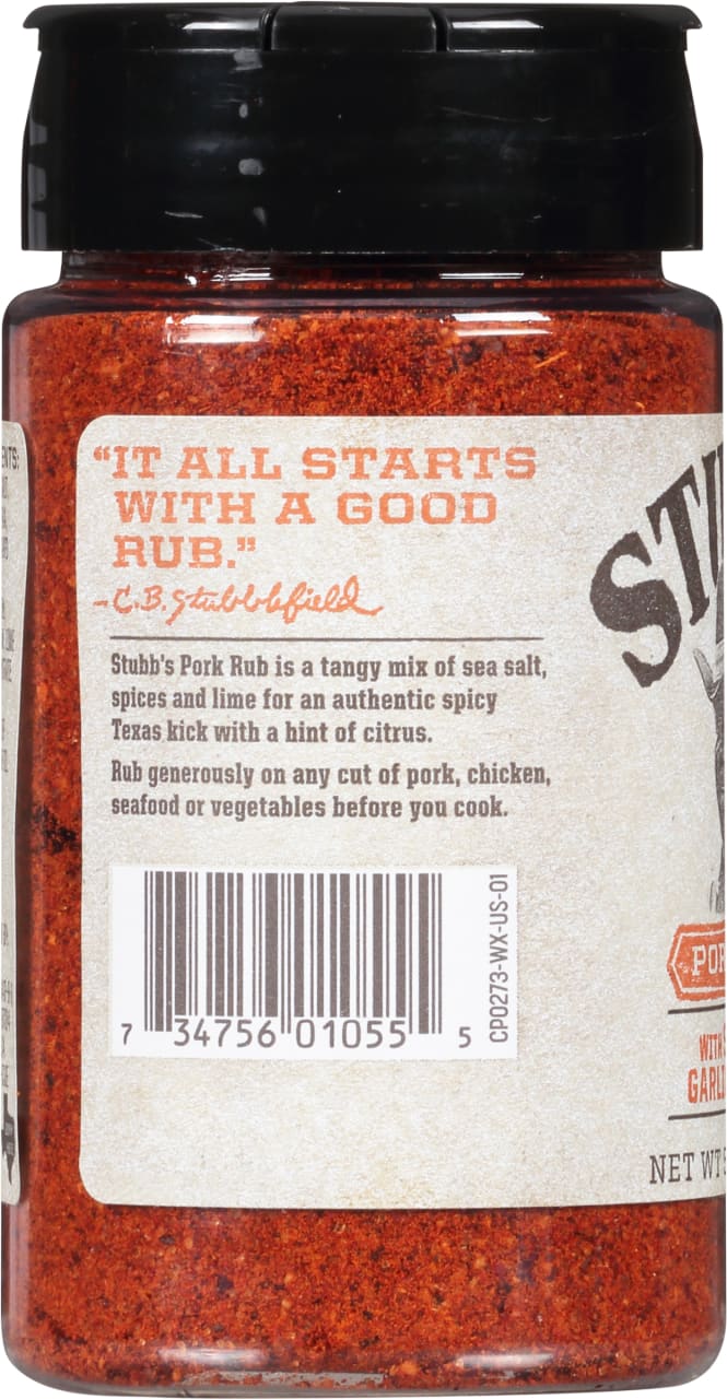 A jar of Stubb's Pork Rub with a quote from C.B. Stubblefield on the label.