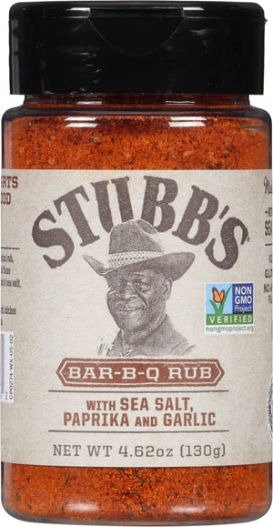 A jar of Stubbs Bar-B-Q Rub with Sea Salt, Paprika and Garlic.