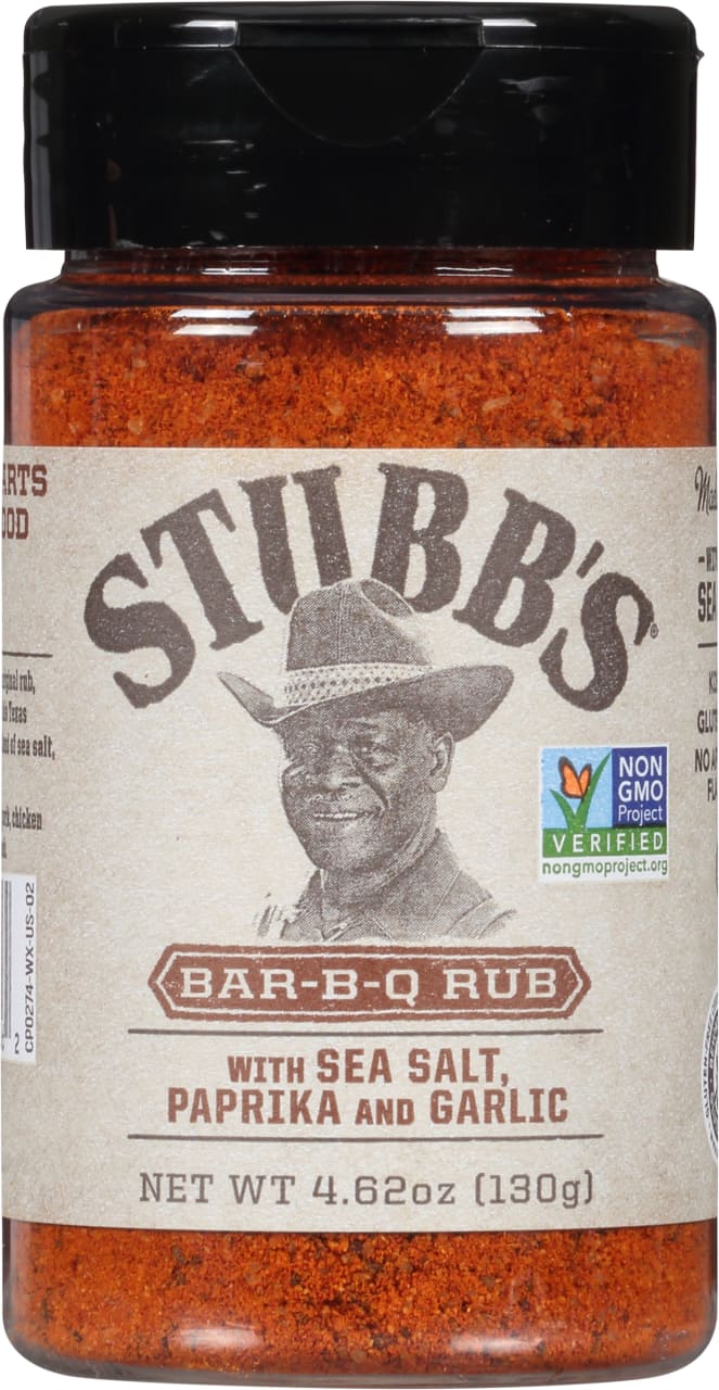 A jar of Stubbs Bar-B-Q Rub with Sea Salt, Paprika and Garlic.