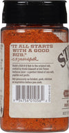 A jar of Stubb\'s Bar-B-Q Rub with a barcode and a tagline that reads It all starts with a good rub.