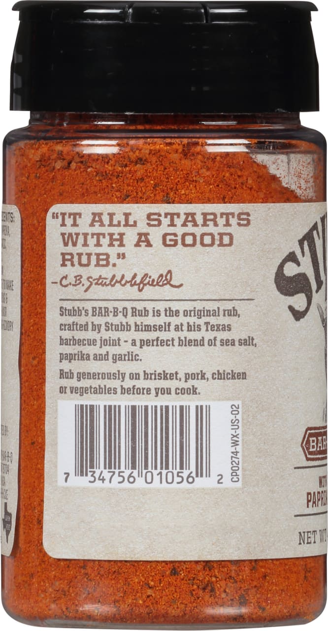 A jar of Stubb\'s Bar-B-Q Rub with a barcode and a tagline that reads It all starts with a good rub.