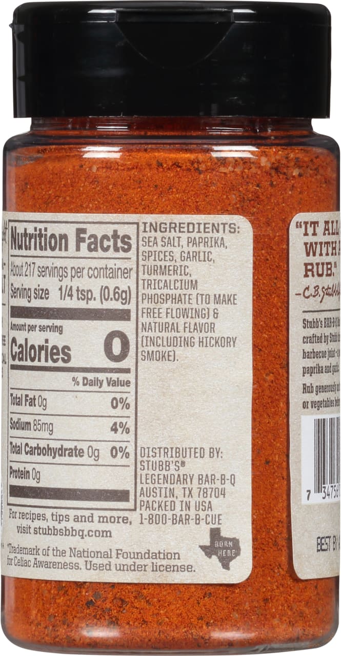 A container of Stubb's Legendary Bar-B-Q Rub with nutrition facts and ingredients listed.