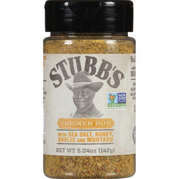 A jar of Stubbs Chicken Rub seasoning with a cowboy on the label.