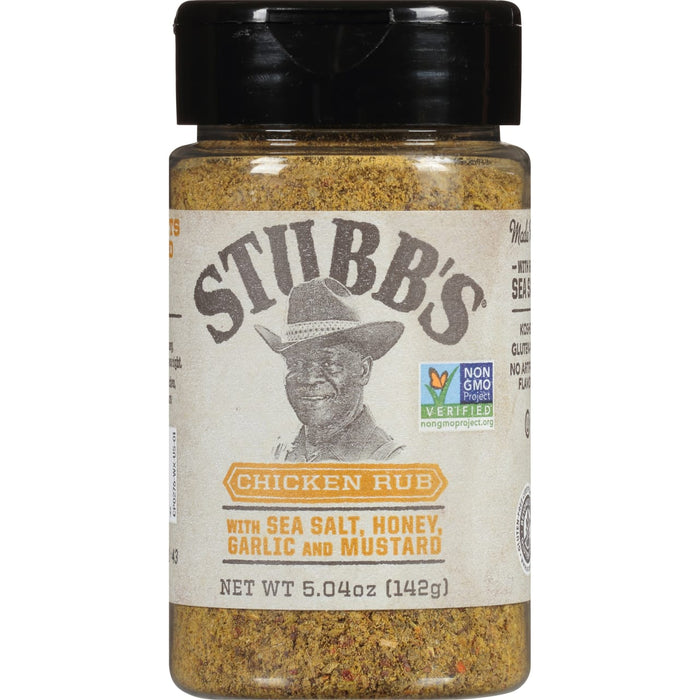 A jar of Stubbs Chicken Rub seasoning with a cowboy on the label.