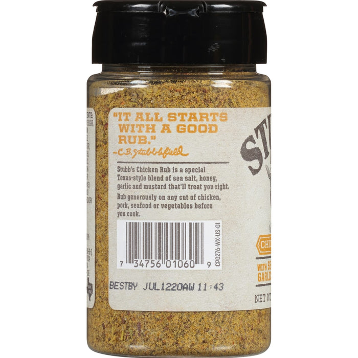 A jar of Stubb\'s Chicken Rub with a label that says It all starts with a good rub. 