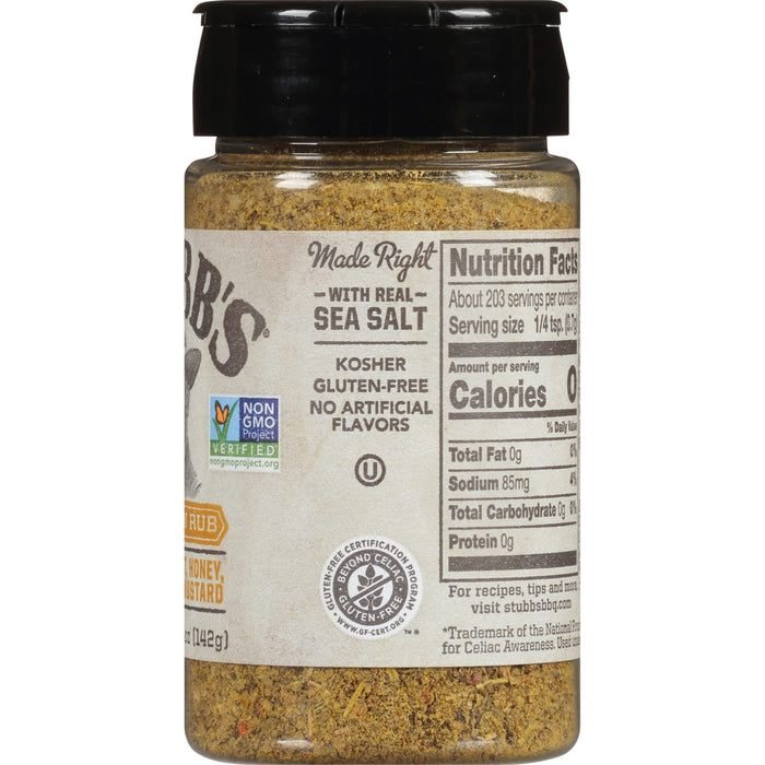 A bottle of Stubbs Honey Mustard Rub seasoning.