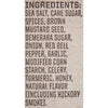 A list of ingredients for a product, including sea salt, cane sugar, spices, brown mustard seed, demerara sugar, onion, red bell pepper, garlic, modified corn starch, celery, turmeric, honey, natural flavor (including hickory smoke).